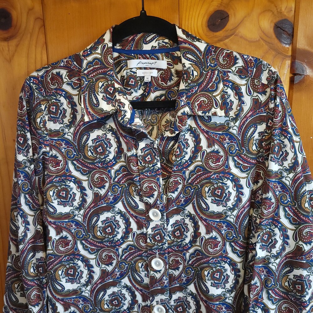 Foxcroft Paisley Shirt Size 14 Cotton Button Front 3/4 Sleeve